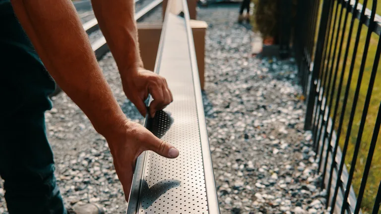 Two installers working on a seamless gutter run in the Middle Georgia